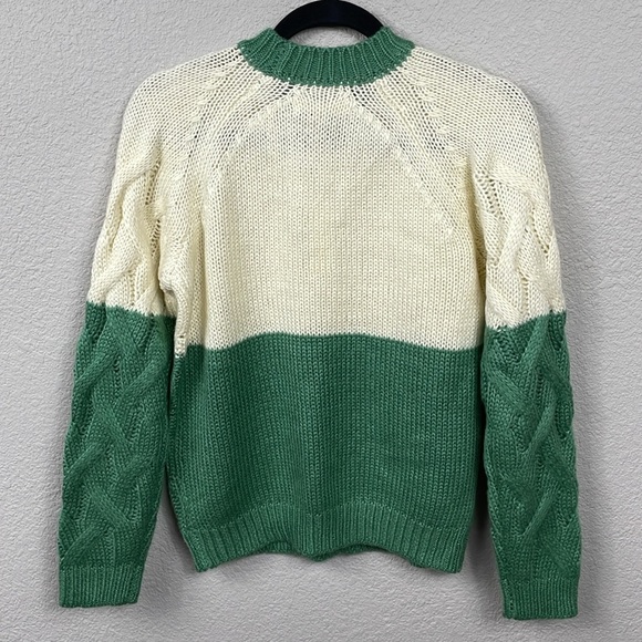 NWT Blank NYC Colorblock Crewneck Cable Knit Sweater Match Maker Green Cream XS - Picture 4 of 9